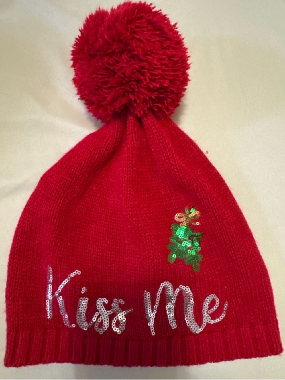 New York & Company Kiss Me Pom Pom Beanie Red Christmas Winter Hat